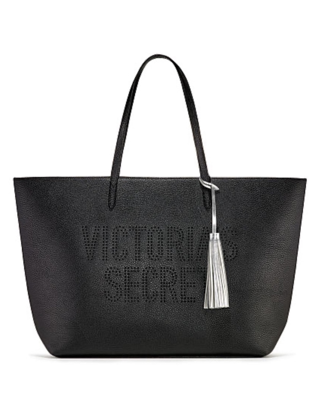Victoria Secret Black Tote Bag with Perforated Logo and Silver Tassle
